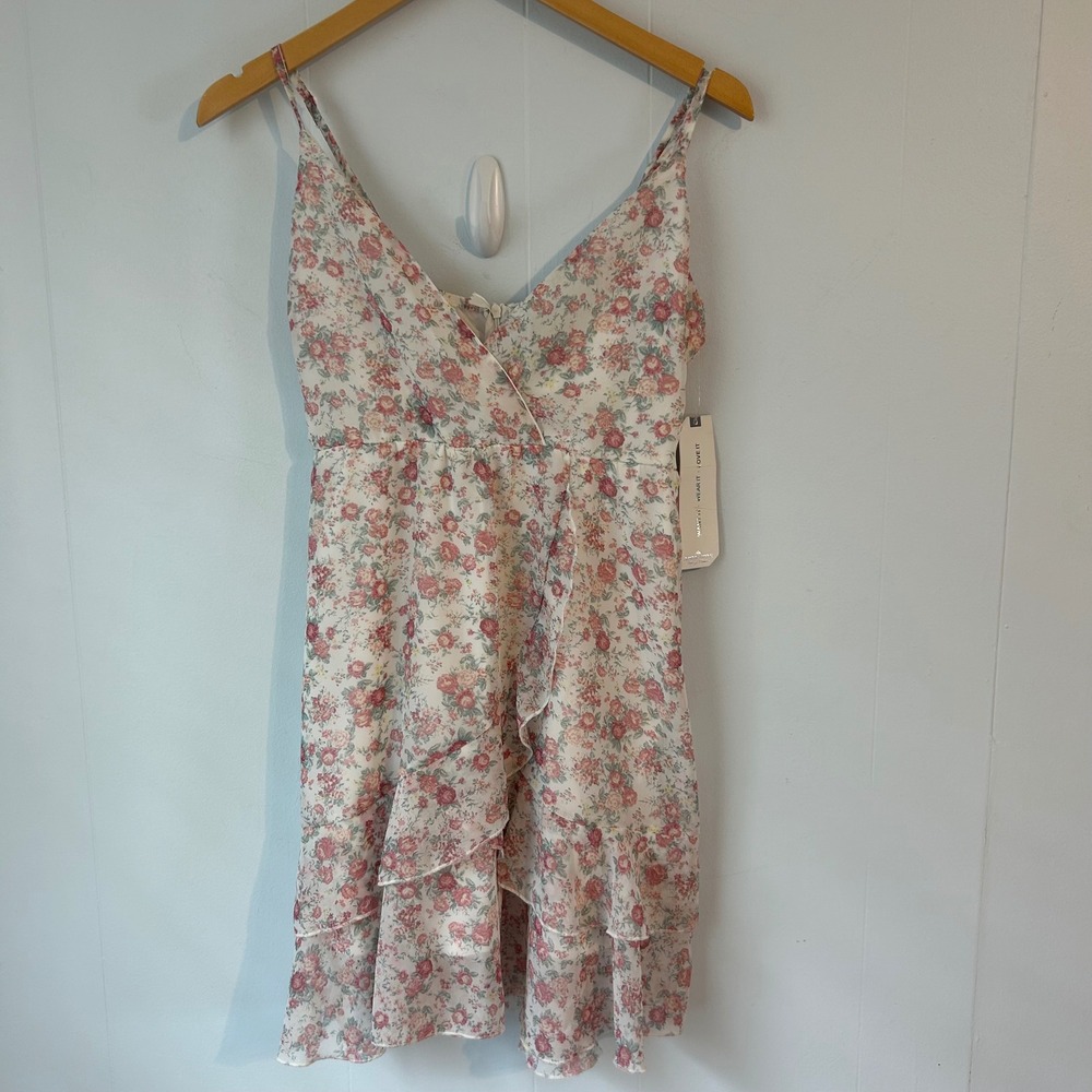 Almost Famous Womens Pink Floral Chiffon Ruffle Mini‎ Dress Medium NWT